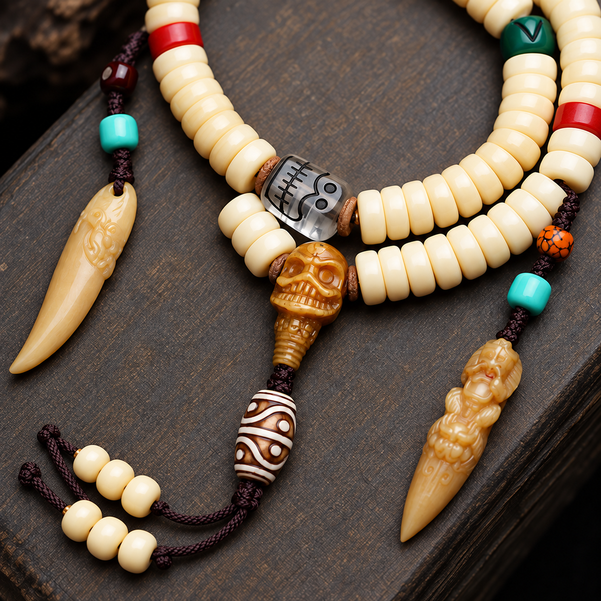 EverestArtstudios Golden-Tone Camel Bone 108-Bead Mala with Carved Accents — connection detail