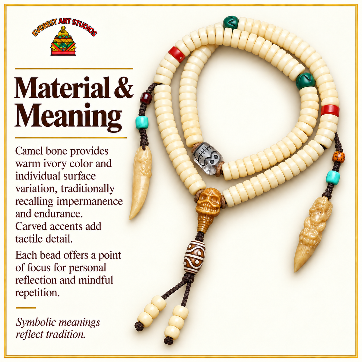 EverestArtstudios Golden-Tone Camel Bone 108-Bead Mala with Carved Accents — materials meaning