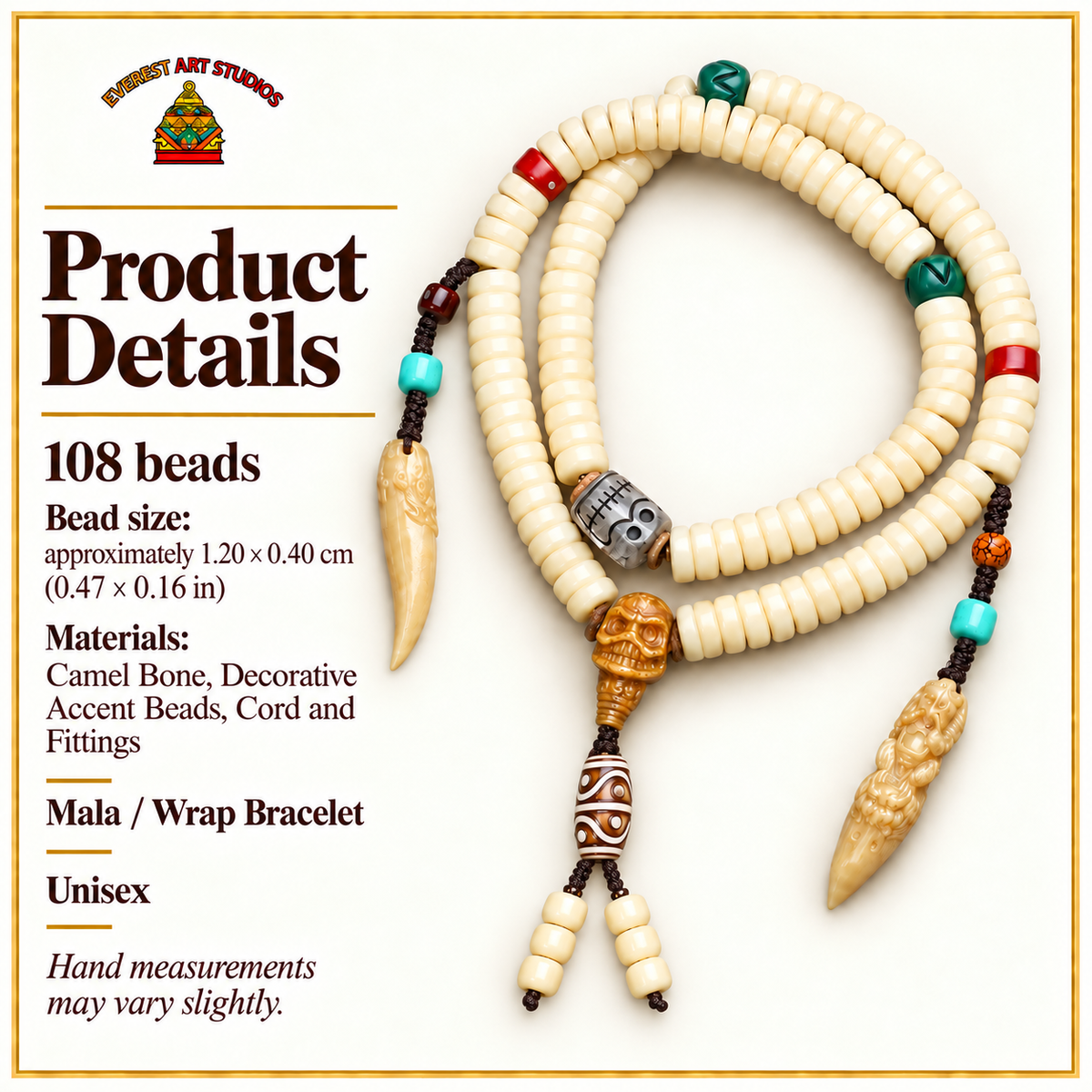 EverestArtstudios Golden-Tone Camel Bone 108-Bead Mala with Carved Accents — specifications