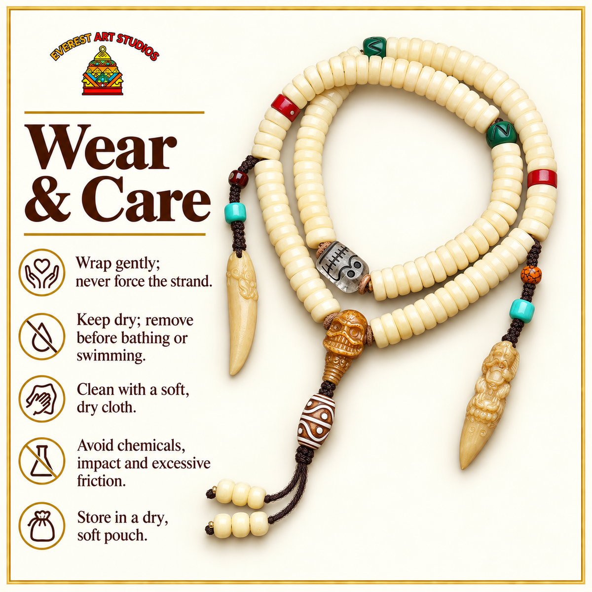 EverestArtstudios Golden-Tone Camel Bone 108-Bead Mala with Carved Accents — care