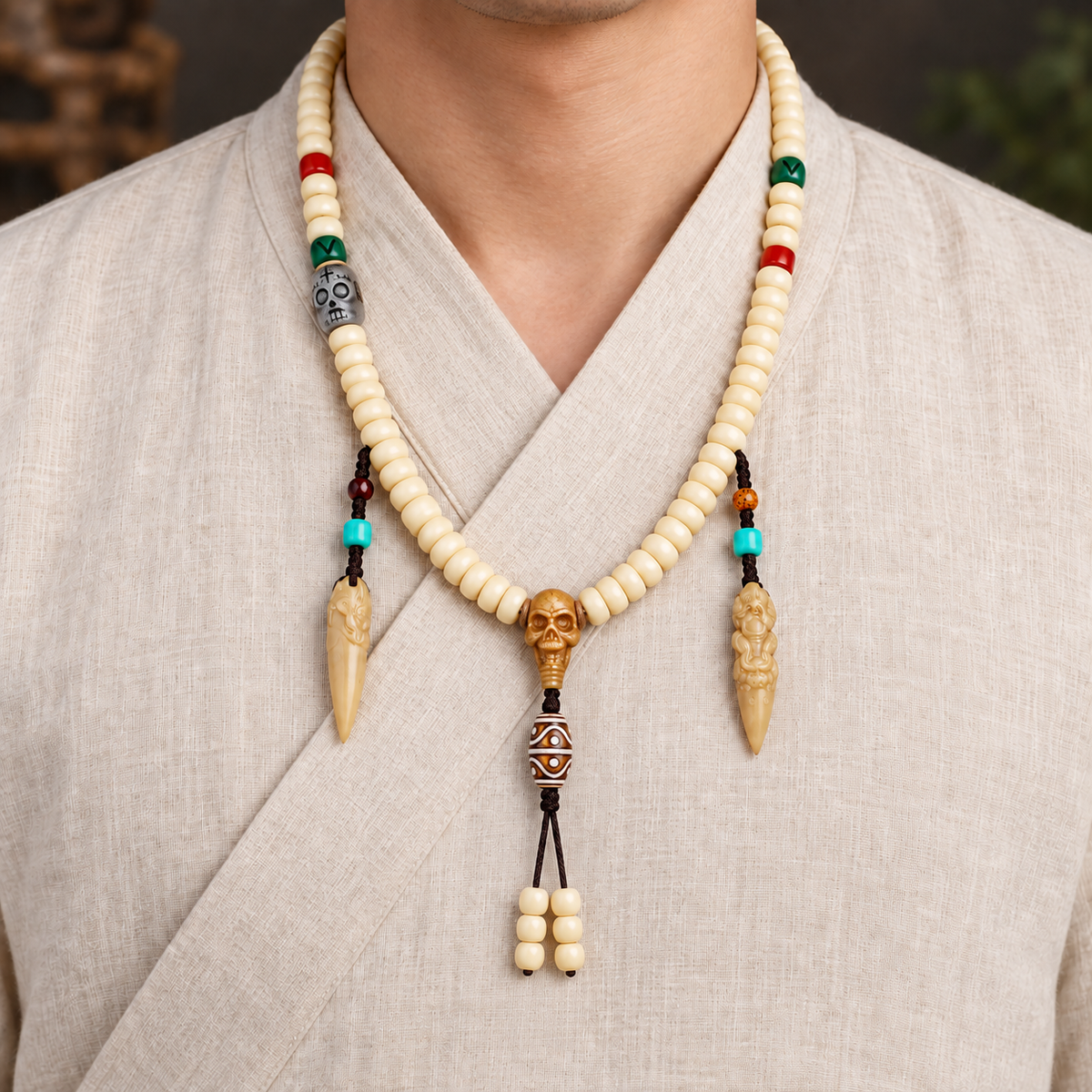 EverestArtstudios Golden-Tone Camel Bone 108-Bead Mala with Carved Accents — linen front