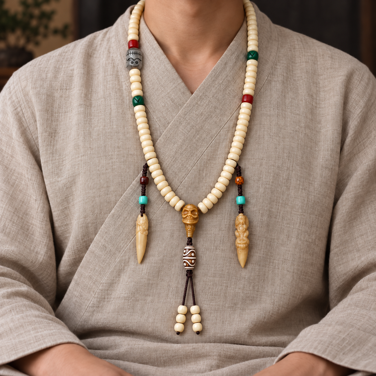 EverestArtstudios Golden-Tone Camel Bone 108-Bead Mala with Carved Accents — linen seated
