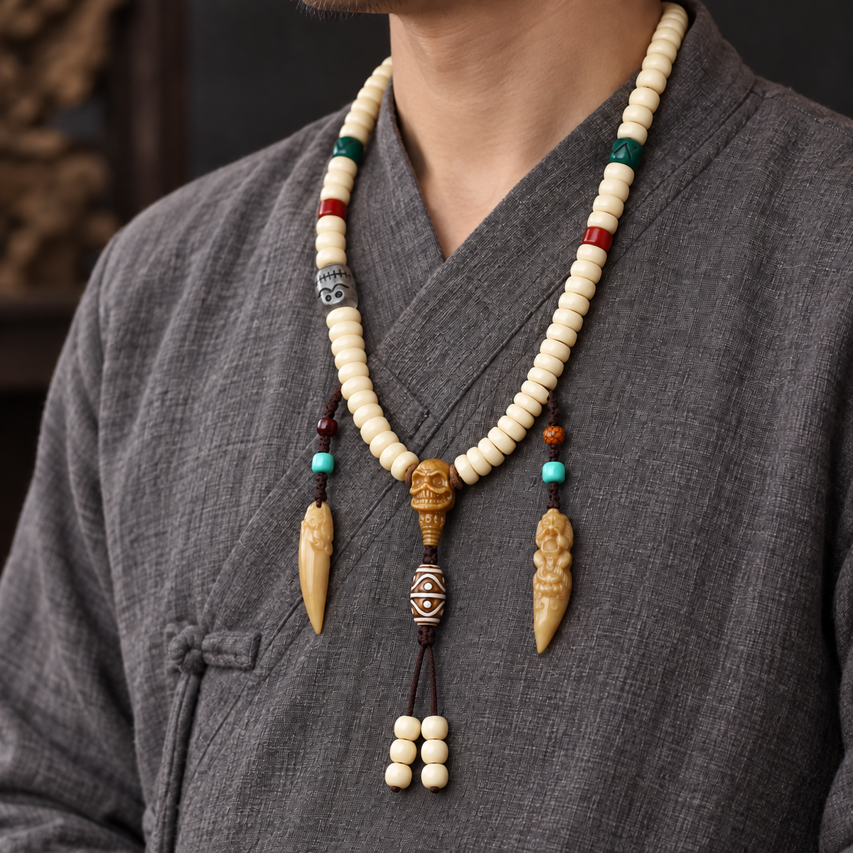 EverestArtstudios Golden-Tone Camel Bone 108-Bead Mala with Carved Accents — linen side