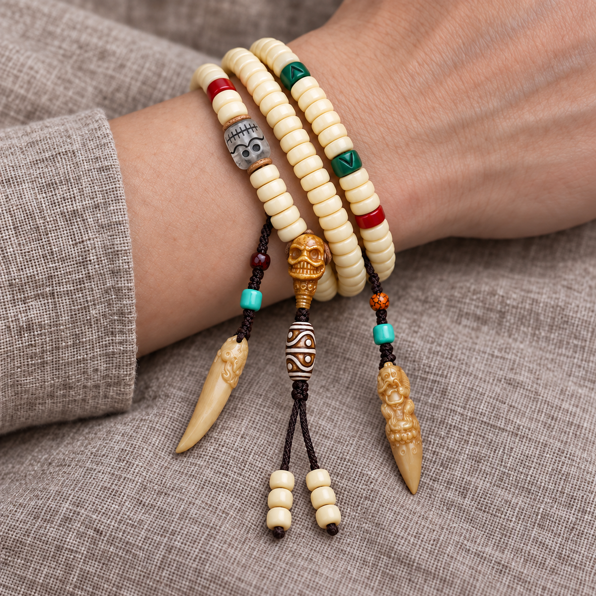EverestArtstudios Golden-Tone Camel Bone 108-Bead Mala with Carved Accents — wrist resting