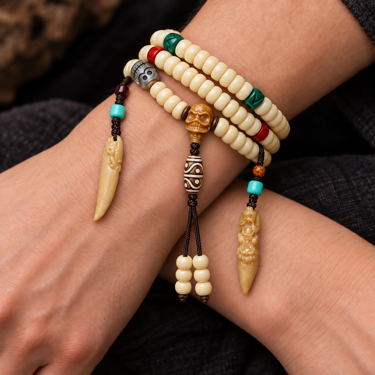 EverestArtstudios Golden-Tone Camel Bone 108-Bead Mala with Carved Accents — wrist crossed