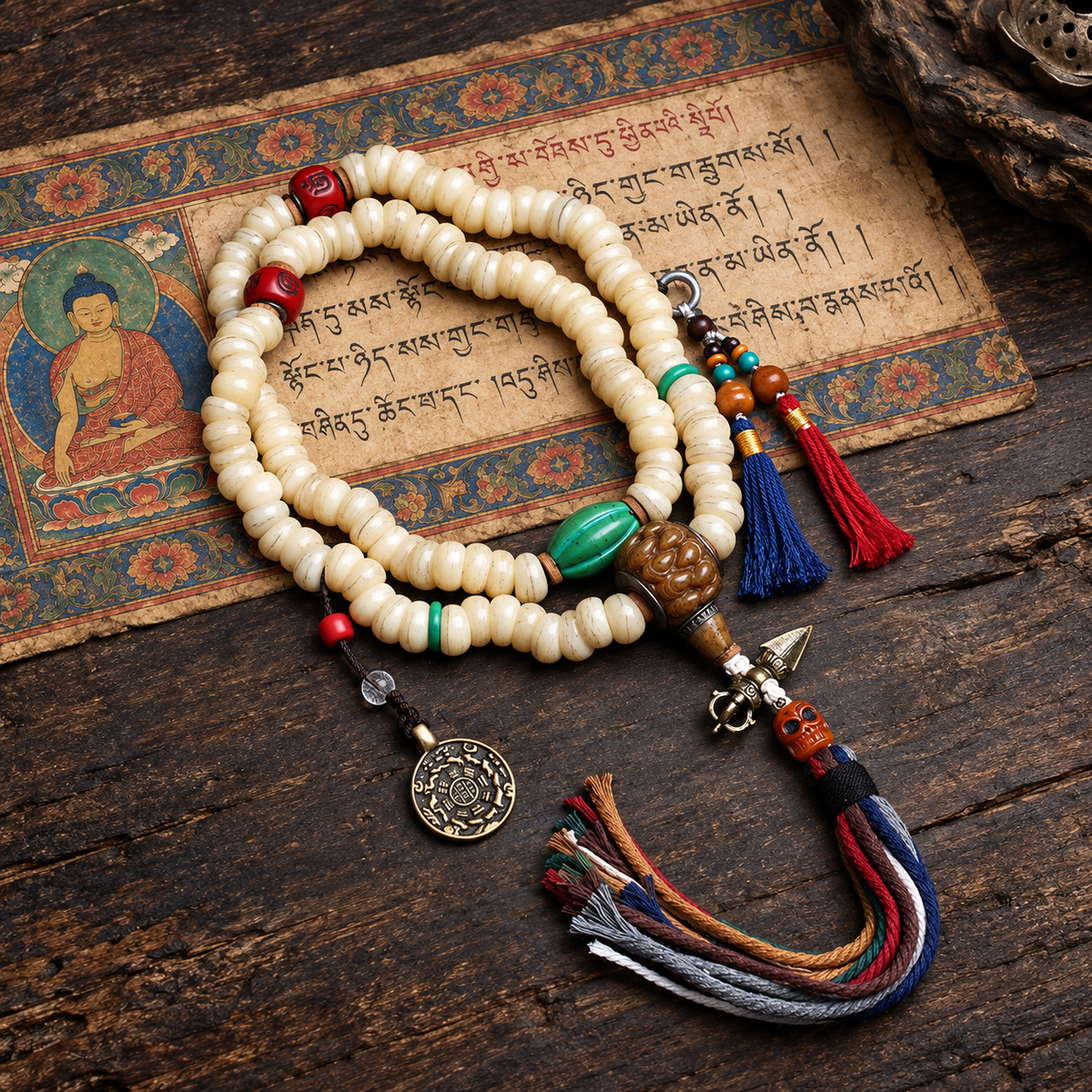 EverestArtstudios Camel Bone 108-Bead Mala with Bagua Motif and Tassels — full product