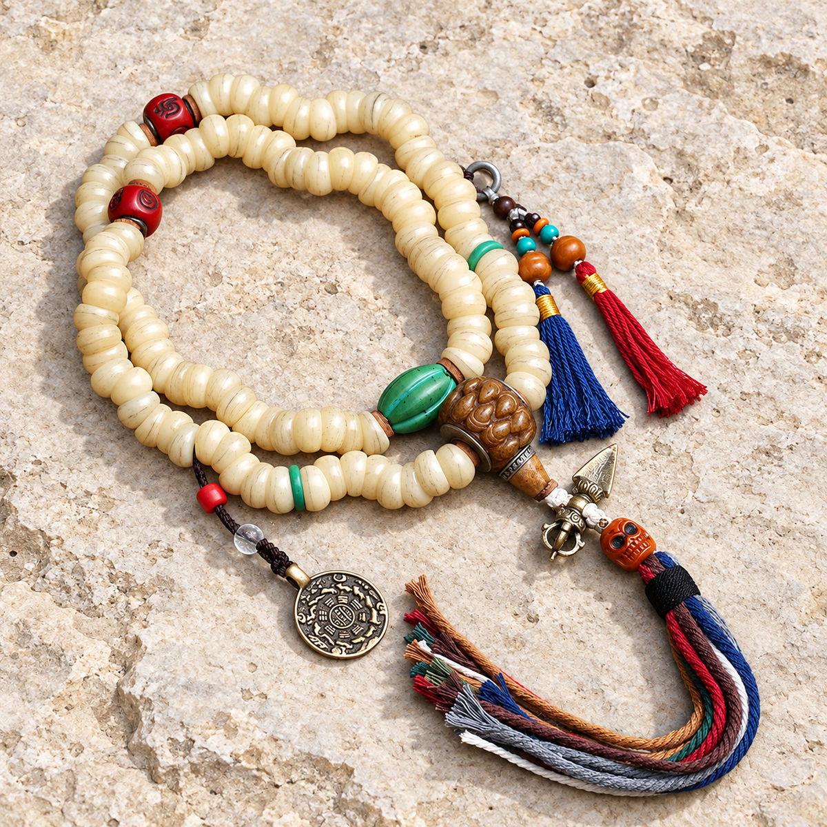 EverestArtstudios Camel Bone 108-Bead Mala with Bagua Motif and Tassels — overall display