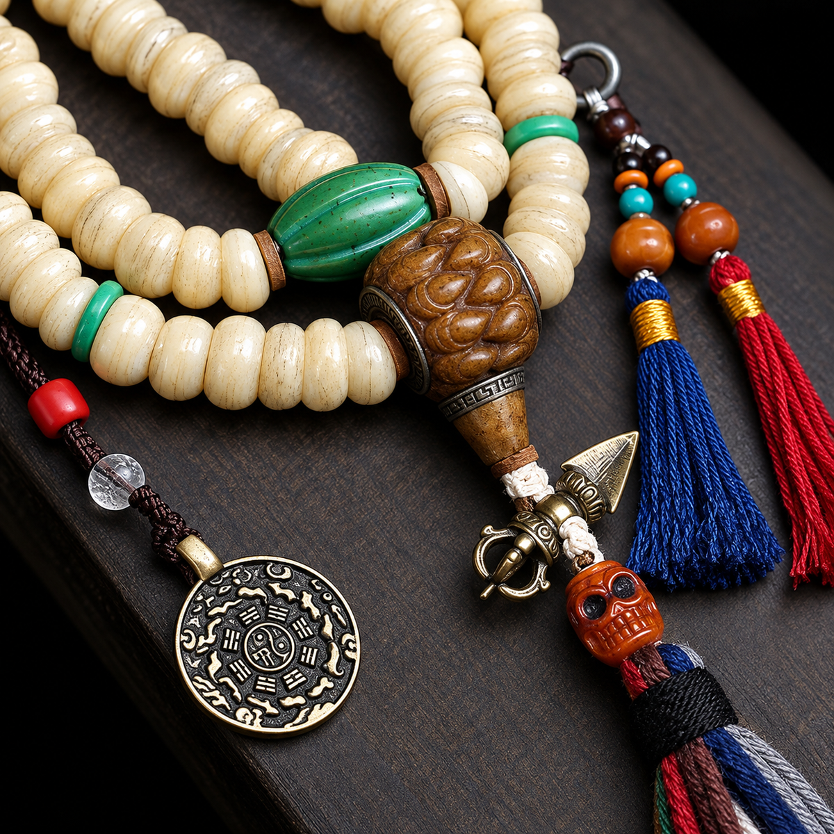 EverestArtstudios Camel Bone 108-Bead Mala with Bagua Motif and Tassels — connection detail