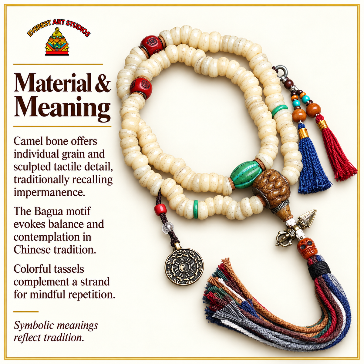 EverestArtstudios Camel Bone 108-Bead Mala with Bagua Motif and Tassels — materials meaning