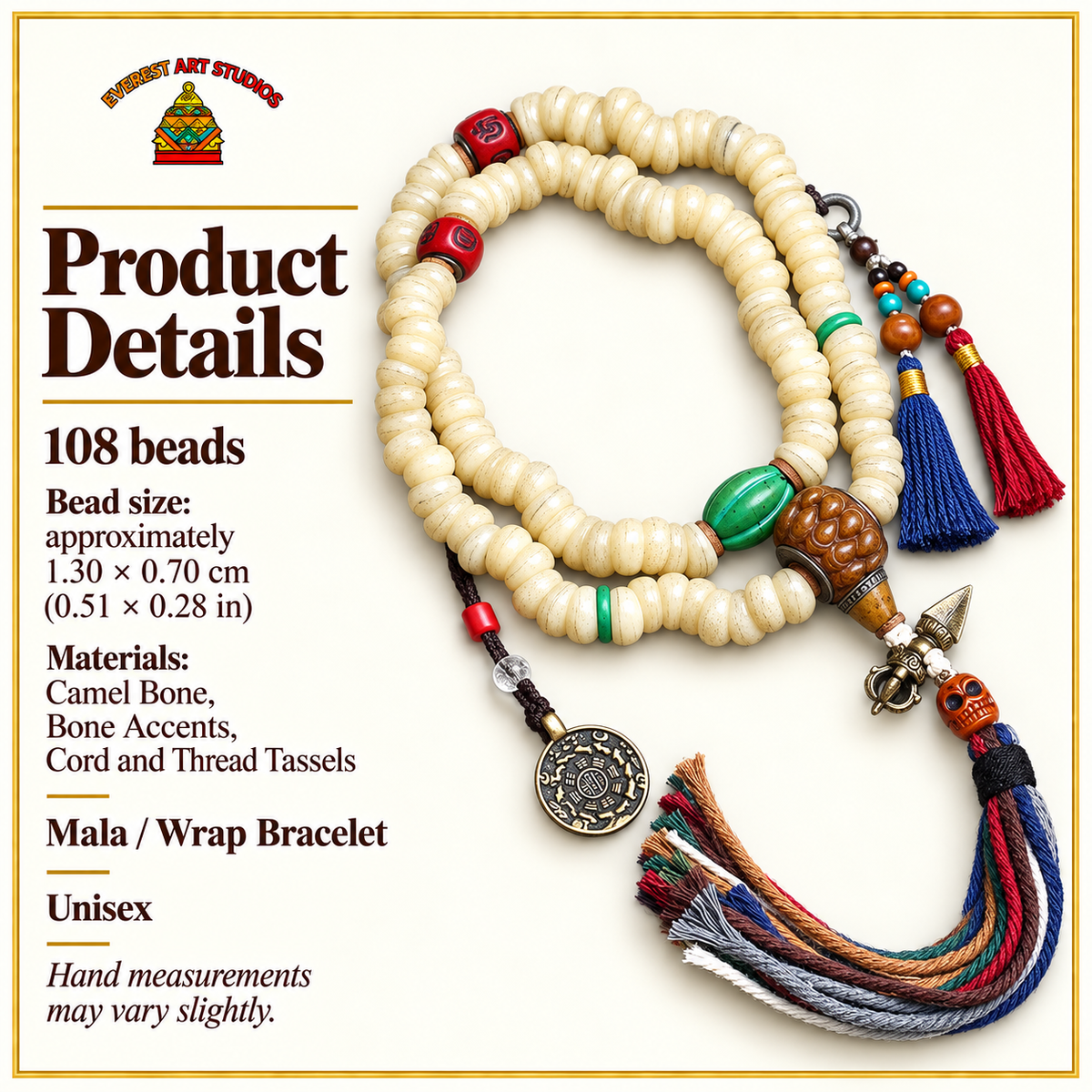EverestArtstudios Camel Bone 108-Bead Mala with Bagua Motif and Tassels — specifications