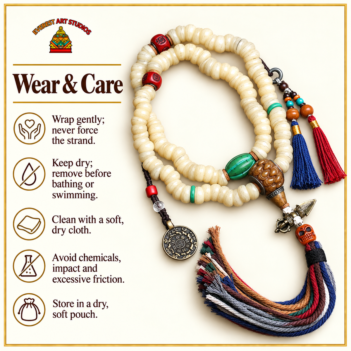 EverestArtstudios Camel Bone 108-Bead Mala with Bagua Motif and Tassels — care