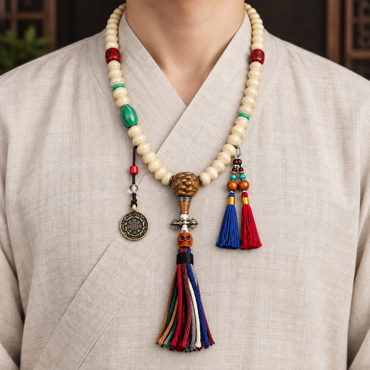 EverestArtstudios Camel Bone 108-Bead Mala with Bagua Motif and Tassels — linen front