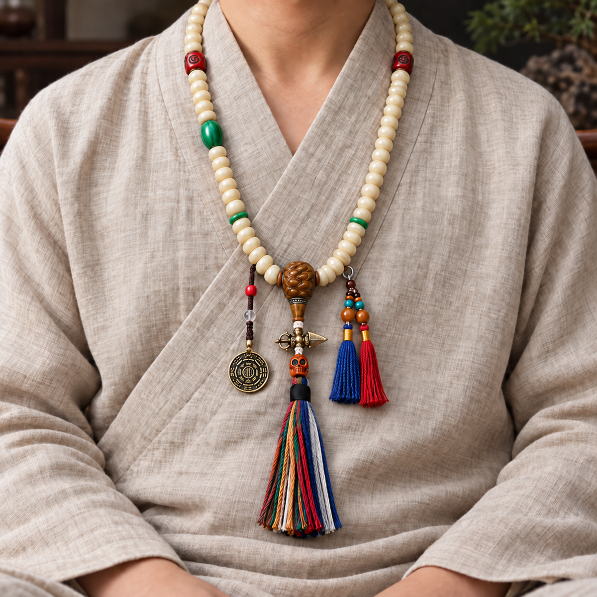 EverestArtstudios Camel Bone 108-Bead Mala with Bagua Motif and Tassels — linen seated