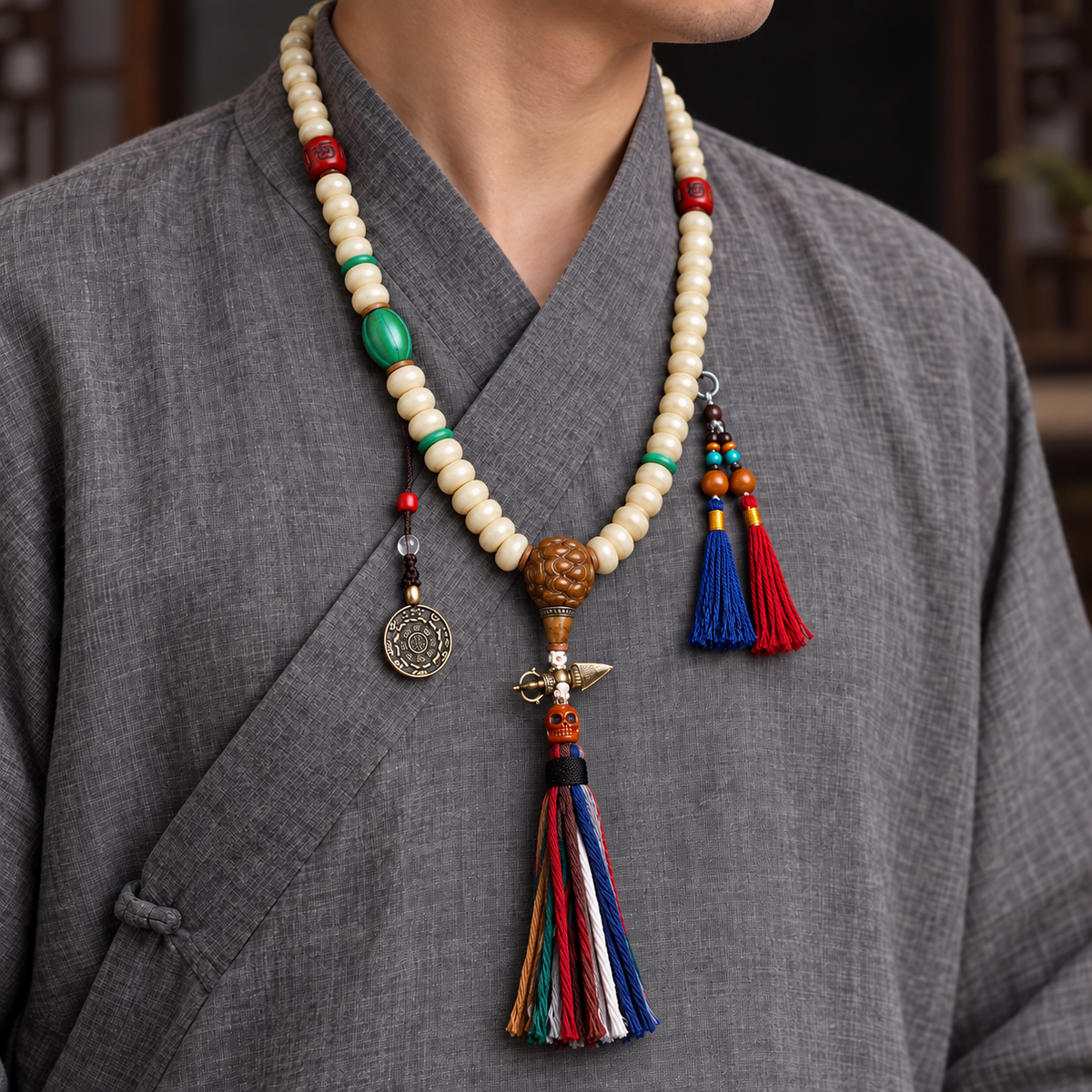 EverestArtstudios Camel Bone 108-Bead Mala with Bagua Motif and Tassels — linen side