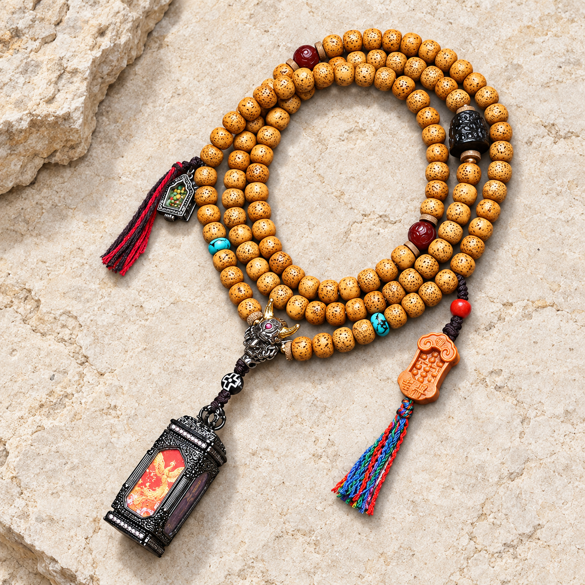 EverestArtstudios Xingyue Bodhi 108-Bead Mala with Four-Sided Thangka-Style Pendant — overall display