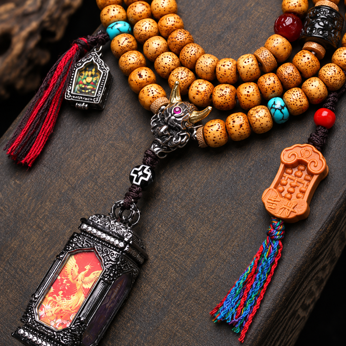 EverestArtstudios Xingyue Bodhi 108-Bead Mala with Four-Sided Thangka-Style Pendant — connection detail