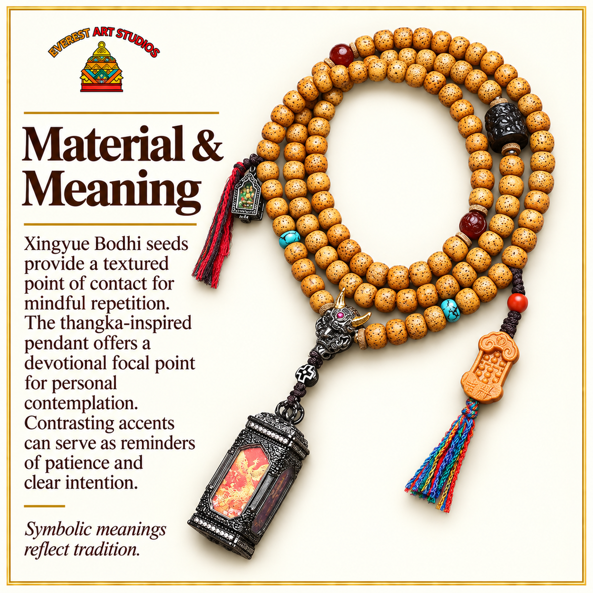 EverestArtstudios Xingyue Bodhi 108-Bead Mala with Four-Sided Thangka-Style Pendant — materials meaning