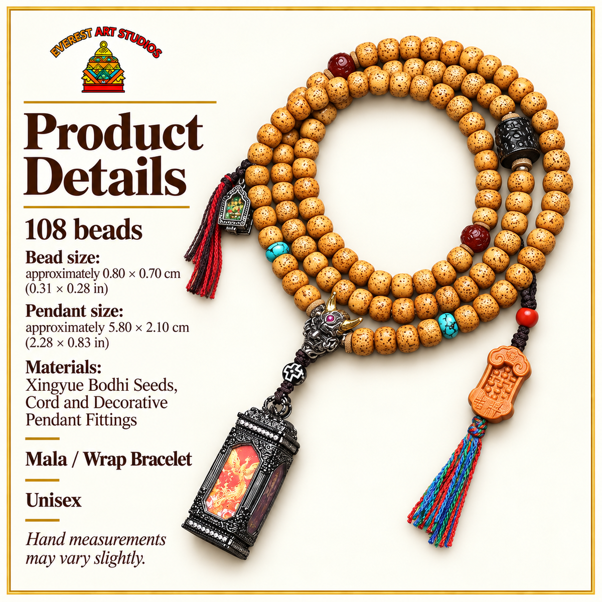 EverestArtstudios Xingyue Bodhi 108-Bead Mala with Four-Sided Thangka-Style Pendant — specifications