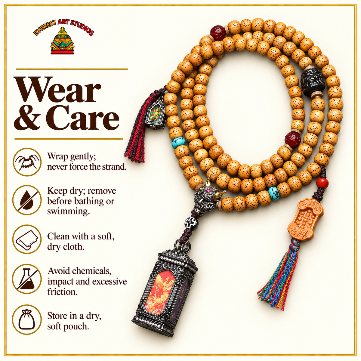 EverestArtstudios Xingyue Bodhi 108-Bead Mala with Four-Sided Thangka-Style Pendant — care