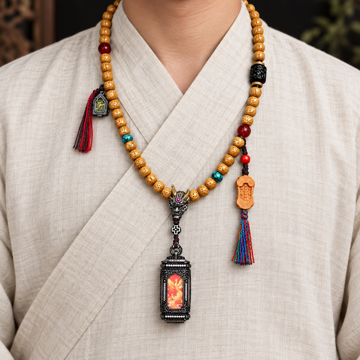 EverestArtstudios Xingyue Bodhi 108-Bead Mala with Four-Sided Thangka-Style Pendant — linen front