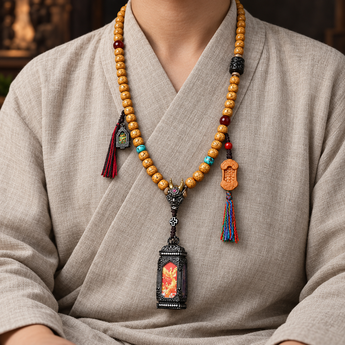 EverestArtstudios Xingyue Bodhi 108-Bead Mala with Four-Sided Thangka-Style Pendant — linen seated