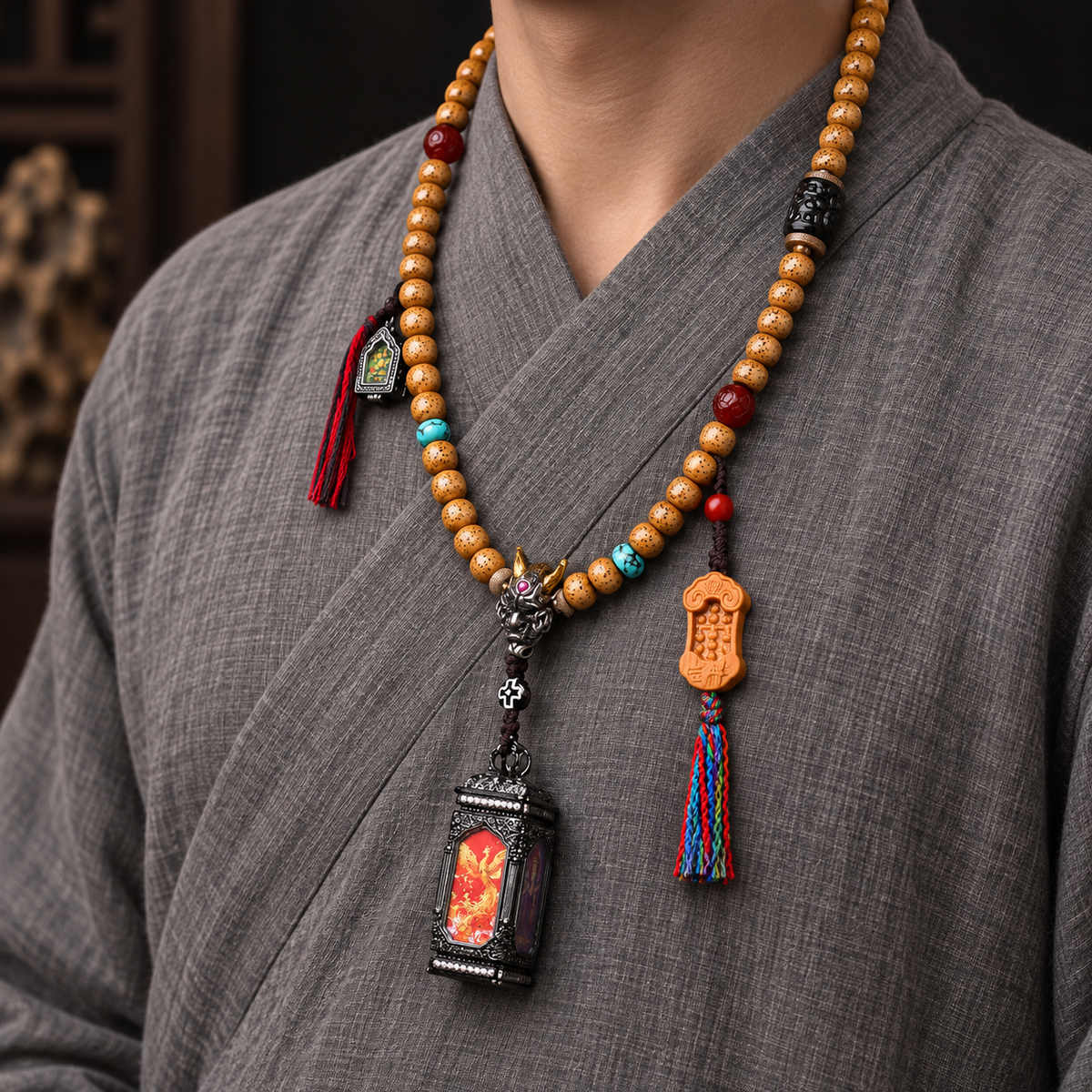 EverestArtstudios Xingyue Bodhi 108-Bead Mala with Four-Sided Thangka-Style Pendant — linen side