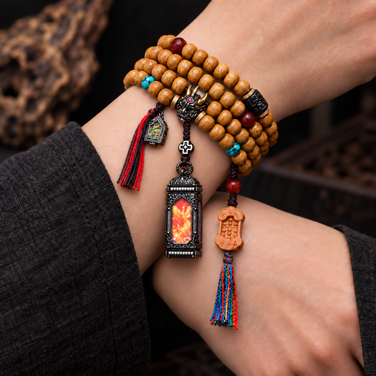 EverestArtstudios Xingyue Bodhi 108-Bead Mala with Four-Sided Thangka-Style Pendant — wrist crossed
