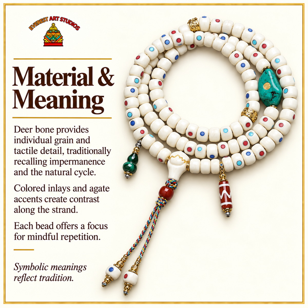 EverestArtstudios Inlaid Deer Bone 108-Bead Mala with Agate and Coconut Accents — materials meaning
