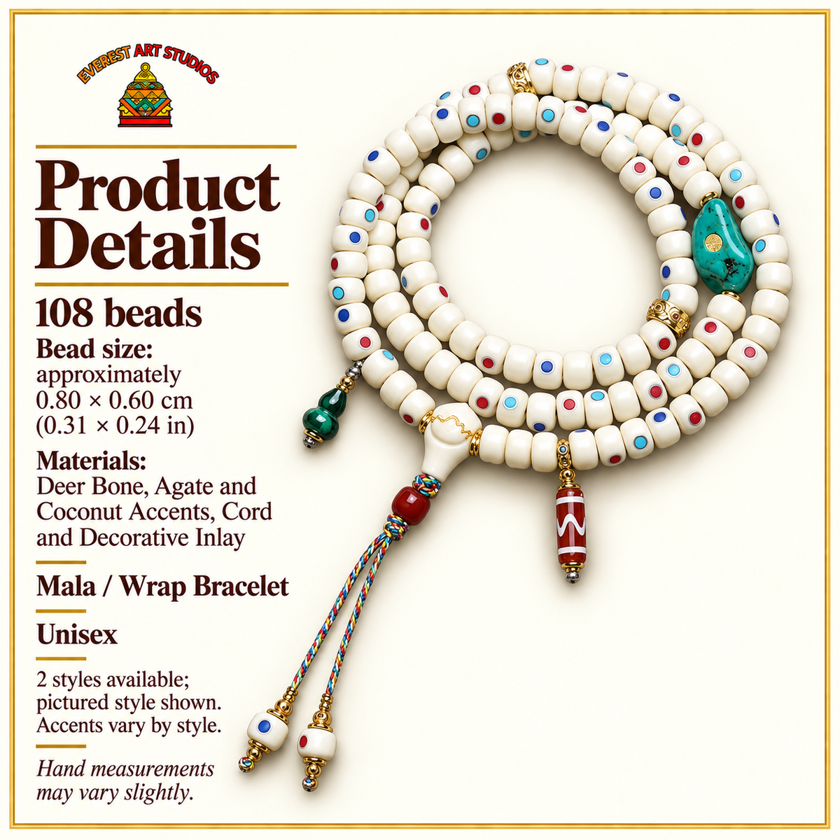 EverestArtstudios Inlaid Deer Bone 108-Bead Mala with Agate and Coconut Accents — specifications