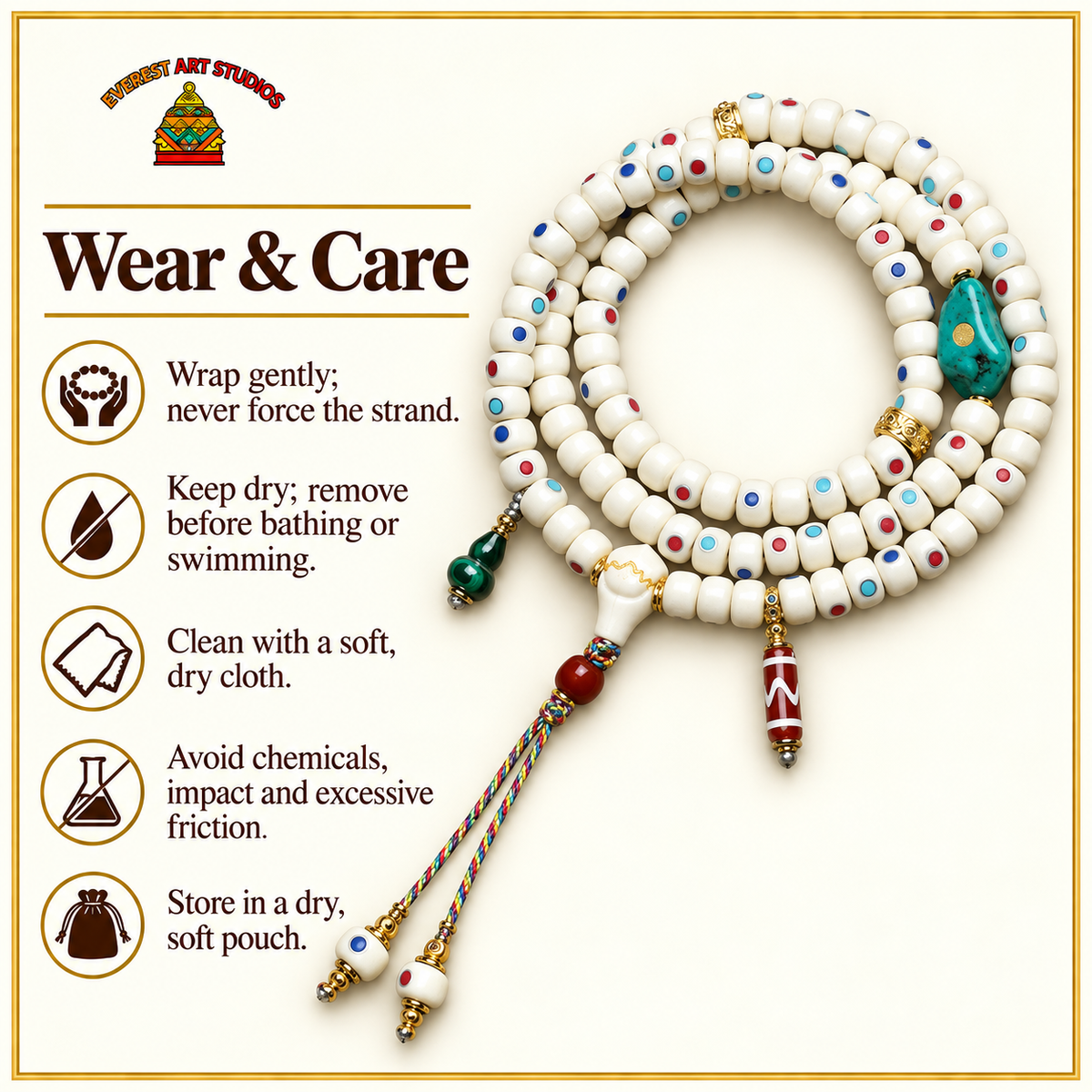 EverestArtstudios Inlaid Deer Bone 108-Bead Mala with Agate and Coconut Accents — care