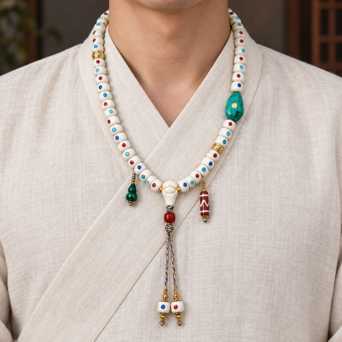 EverestArtstudios Inlaid Deer Bone 108-Bead Mala with Agate and Coconut Accents — linen front