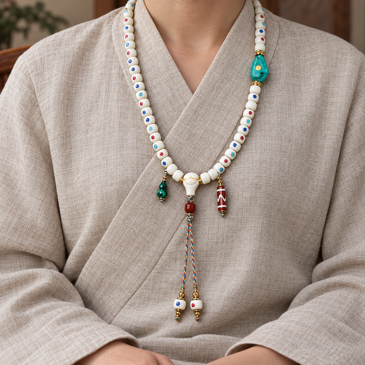 EverestArtstudios Inlaid Deer Bone 108-Bead Mala with Agate and Coconut Accents — linen seated