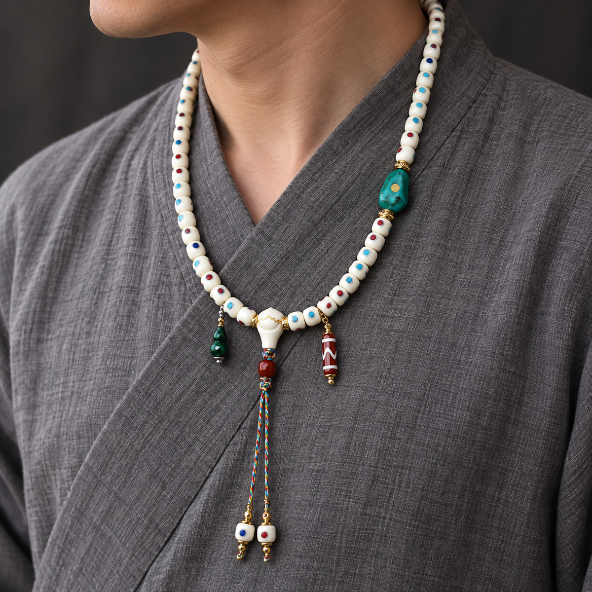 EverestArtstudios Inlaid Deer Bone 108-Bead Mala with Agate and Coconut Accents — linen side