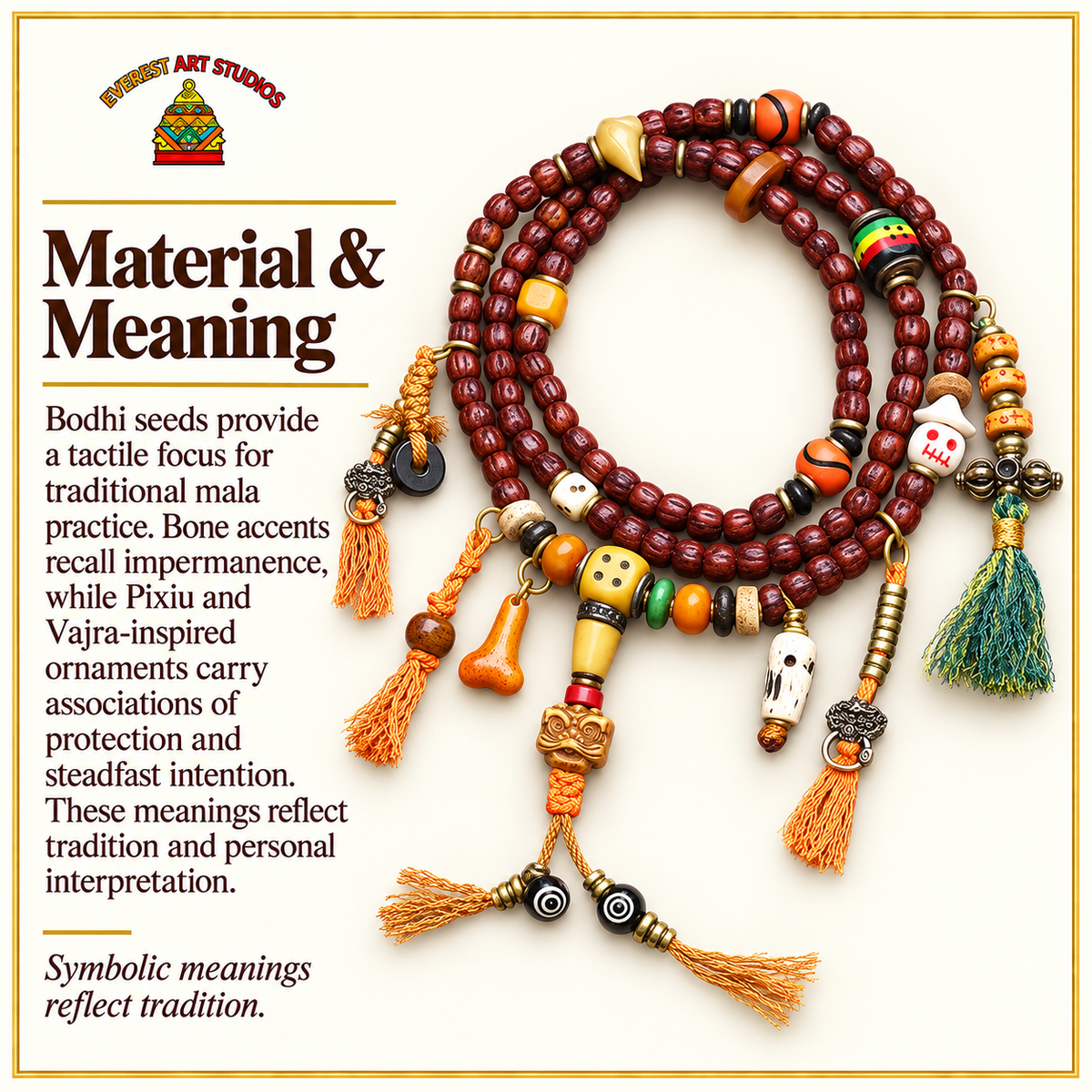 EverestArtstudios Cut Bodhi Seed 108-Bead Mala with Pixiu and Vajra Motif Charms — materials meaning