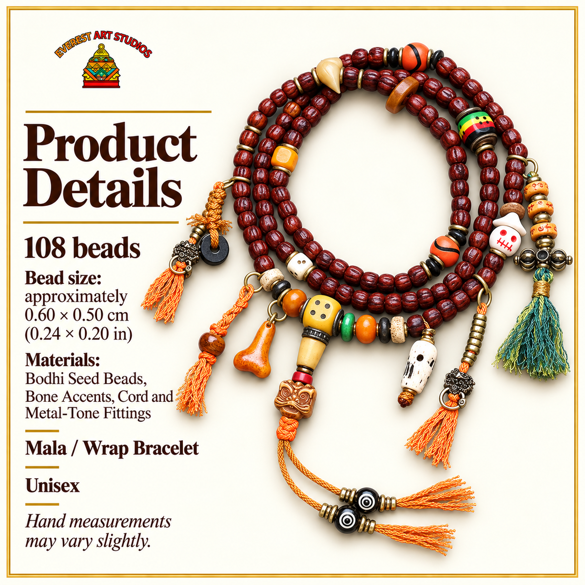 EverestArtstudios Cut Bodhi Seed 108-Bead Mala with Pixiu and Vajra Motif Charms — specifications