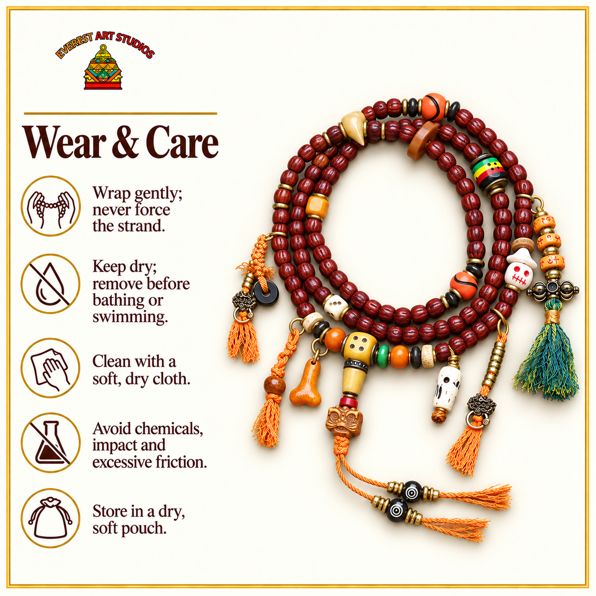 EverestArtstudios Cut Bodhi Seed 108-Bead Mala with Pixiu and Vajra Motif Charms — care