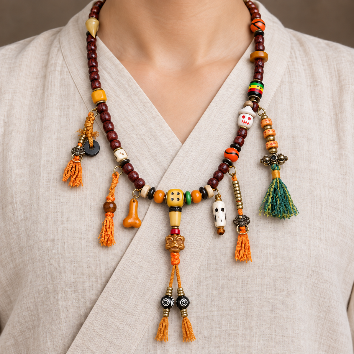 EverestArtstudios Cut Bodhi Seed 108-Bead Mala with Pixiu and Vajra Motif Charms — linen front