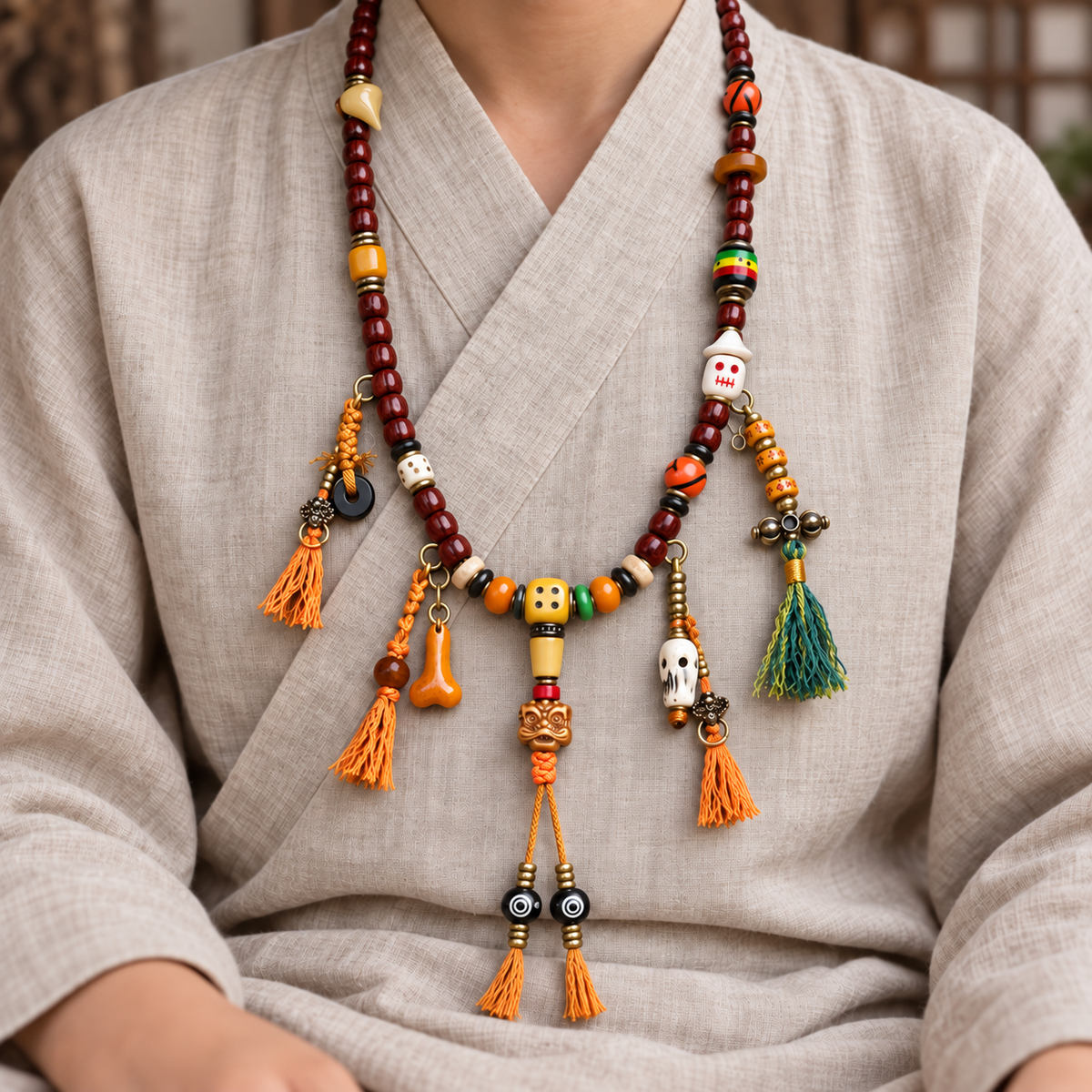 EverestArtstudios Cut Bodhi Seed 108-Bead Mala with Pixiu and Vajra Motif Charms — linen seated