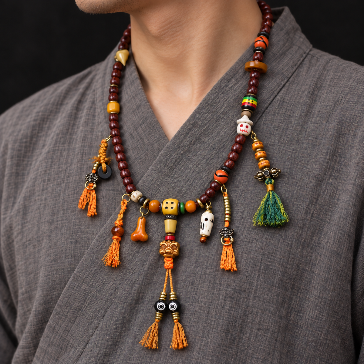 EverestArtstudios Cut Bodhi Seed 108-Bead Mala with Pixiu and Vajra Motif Charms — linen side
