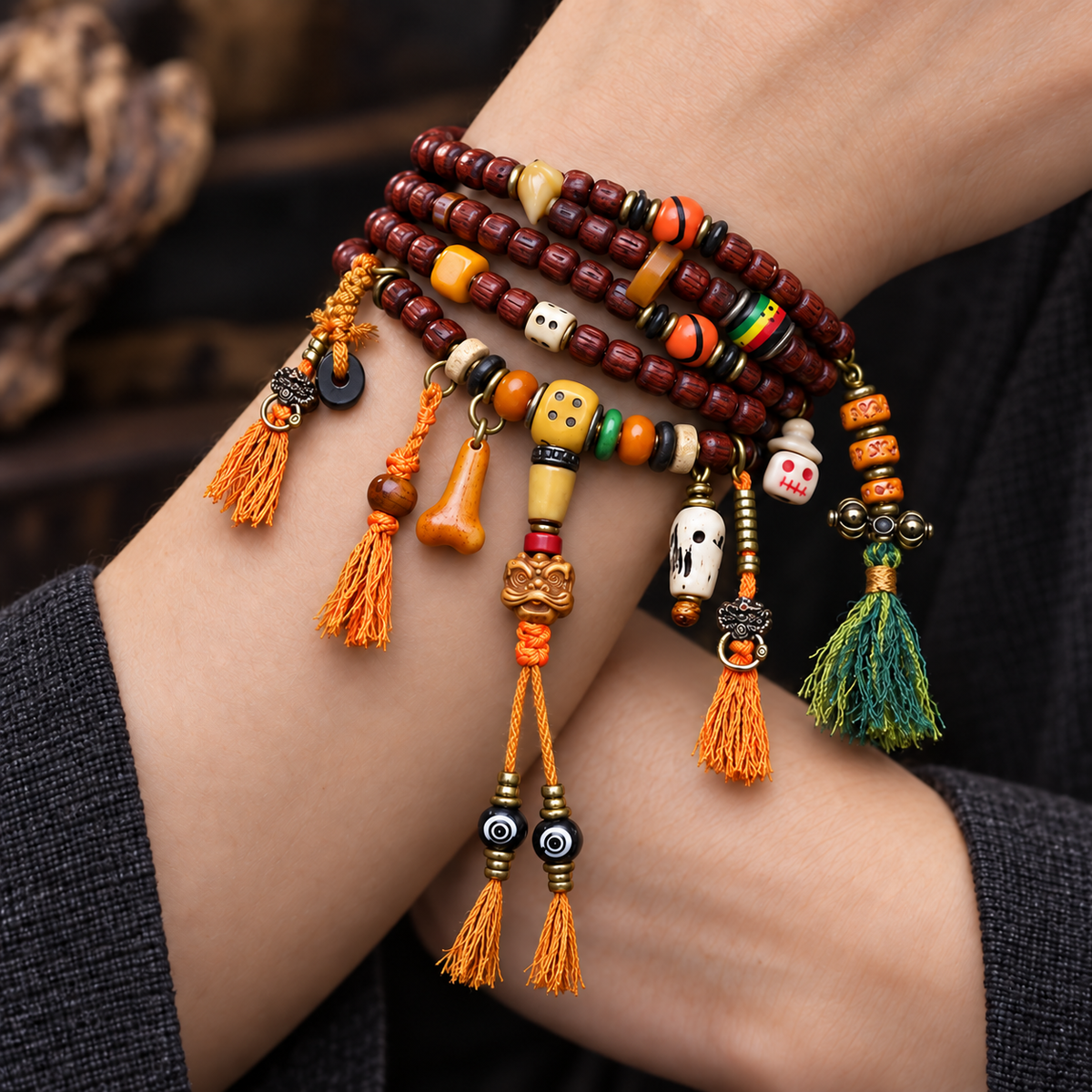 EverestArtstudios Cut Bodhi Seed 108-Bead Mala with Pixiu and Vajra Motif Charms — wrist crossed