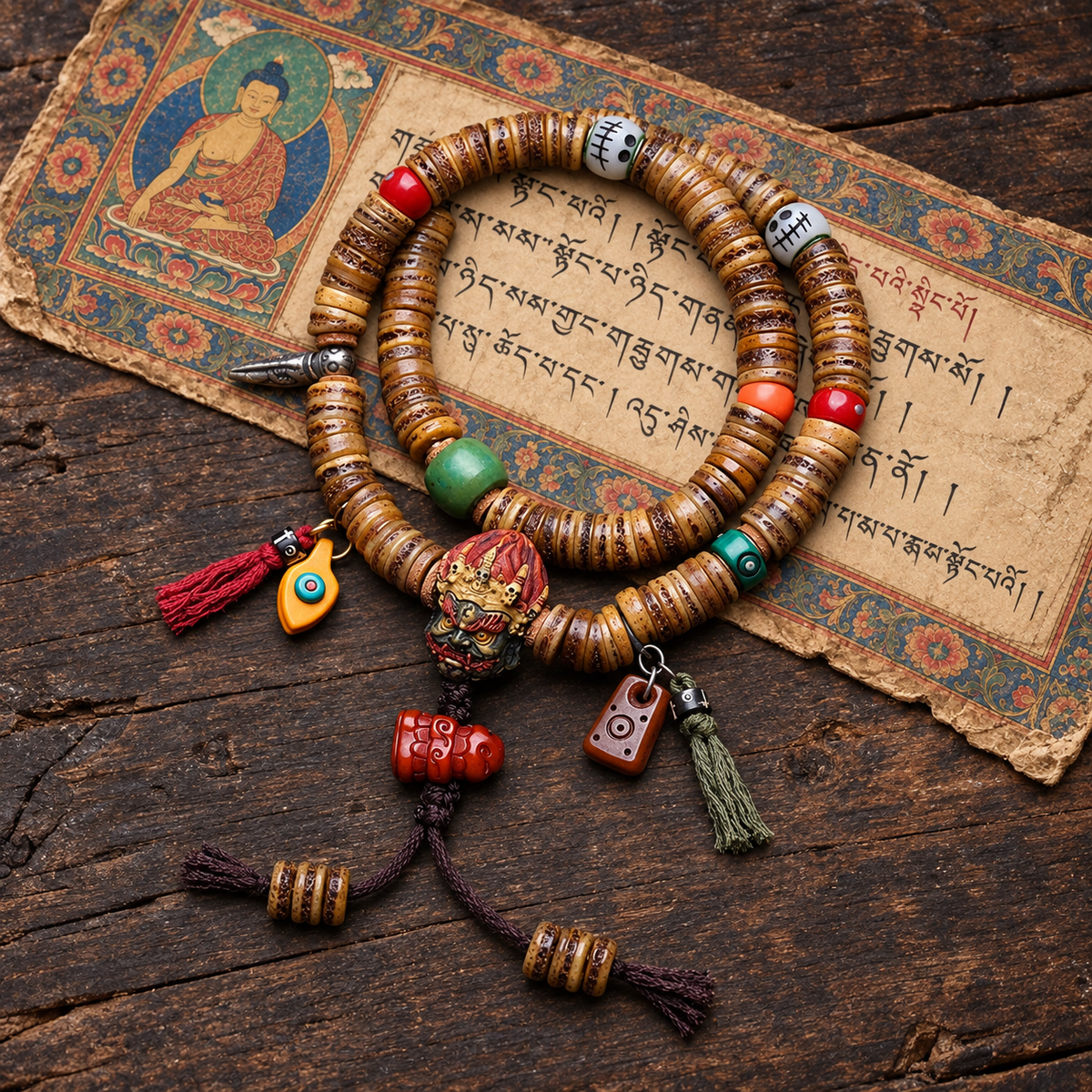 EverestArtstudios Camel Bone 108-Bead Mala with Carved Mahakala-Inspired Accent — full product