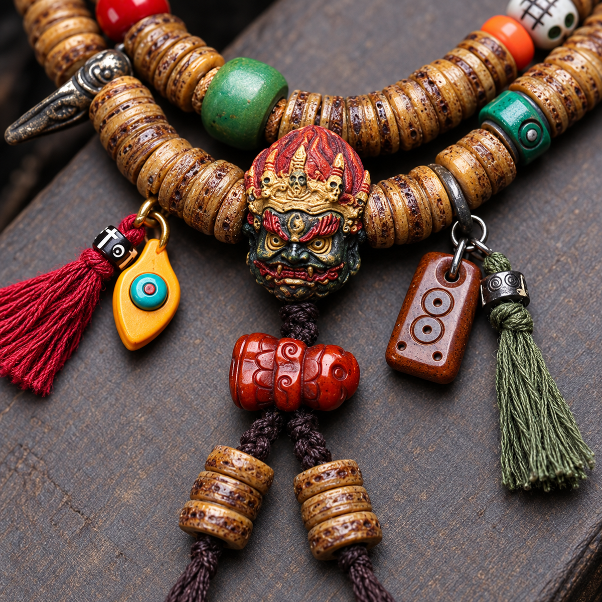 EverestArtstudios Camel Bone 108-Bead Mala with Carved Mahakala-Inspired Accent — connection detail