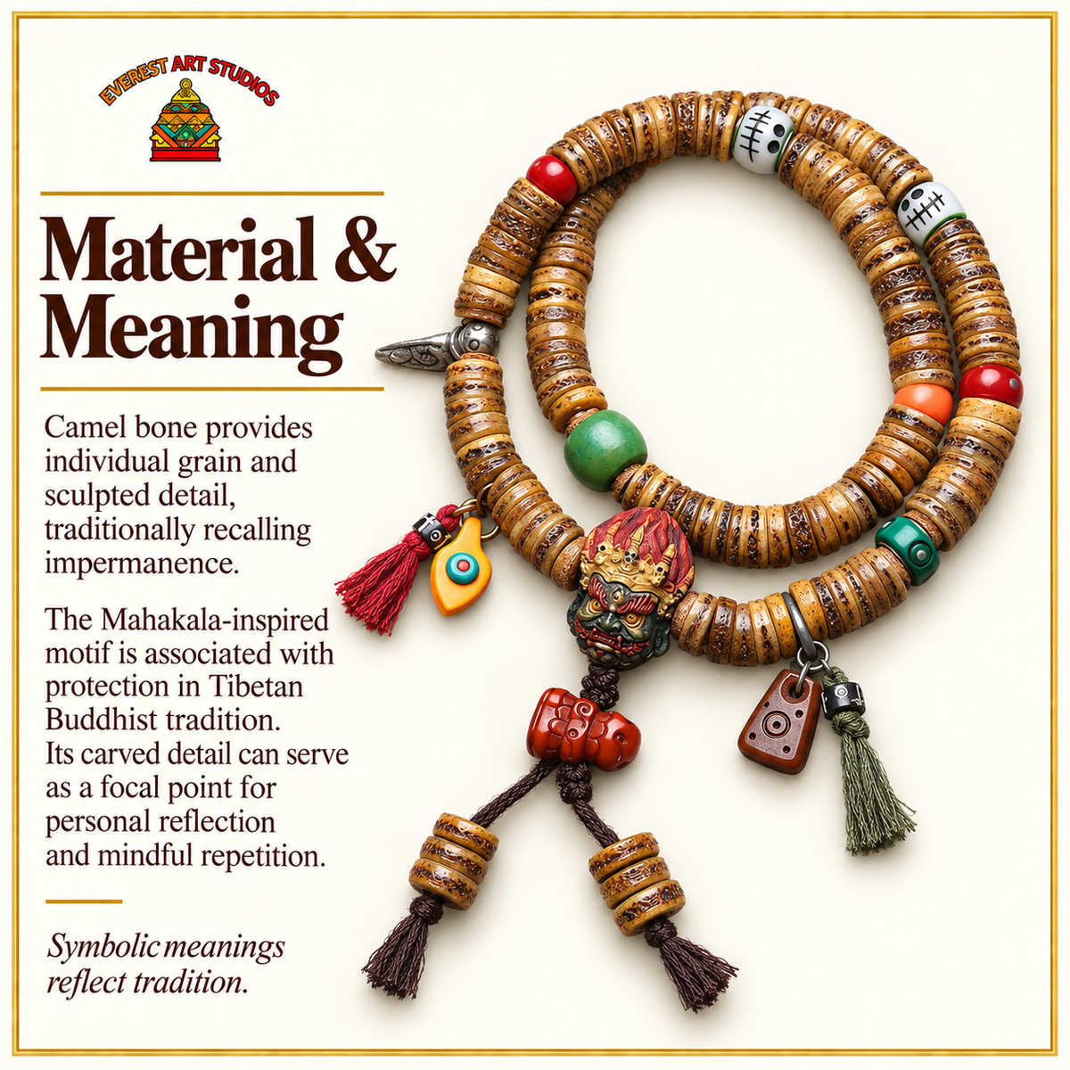 EverestArtstudios Camel Bone 108-Bead Mala with Carved Mahakala-Inspired Accent — materials meaning