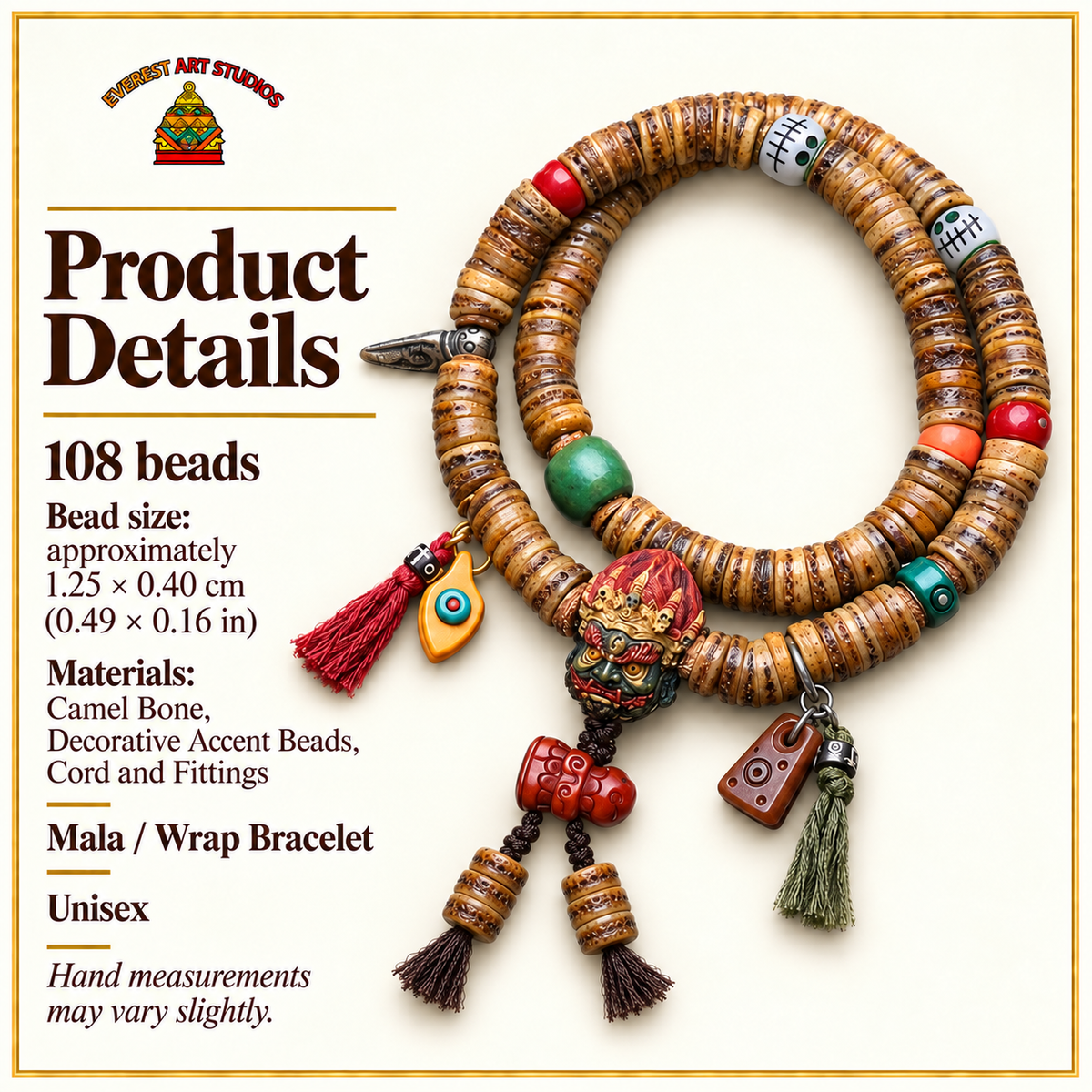 EverestArtstudios Camel Bone 108-Bead Mala with Carved Mahakala-Inspired Accent — specifications