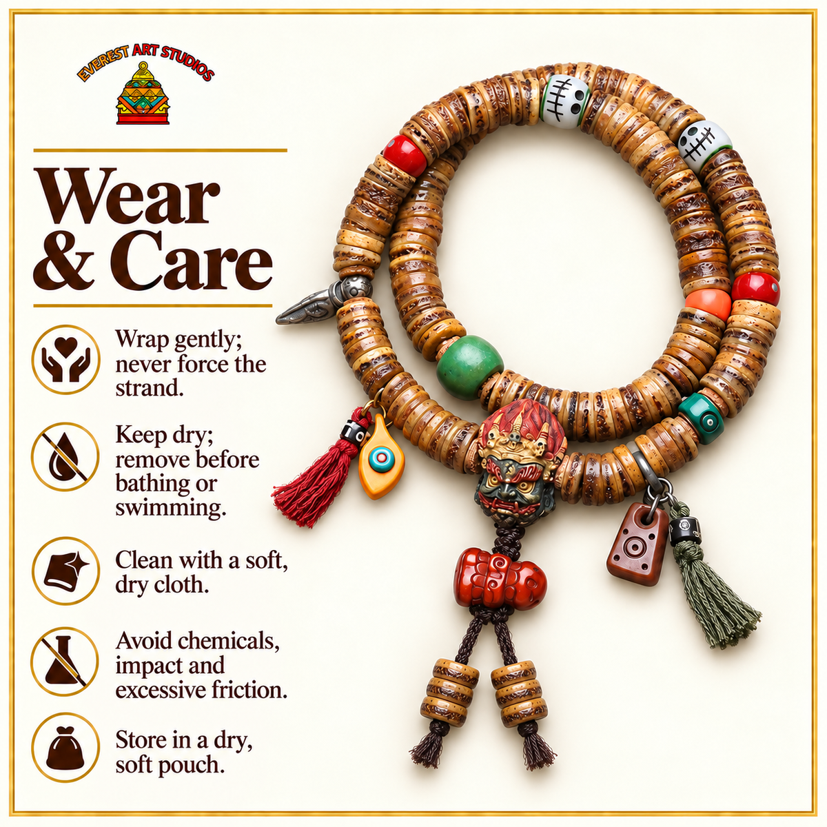EverestArtstudios Camel Bone 108-Bead Mala with Carved Mahakala-Inspired Accent — care