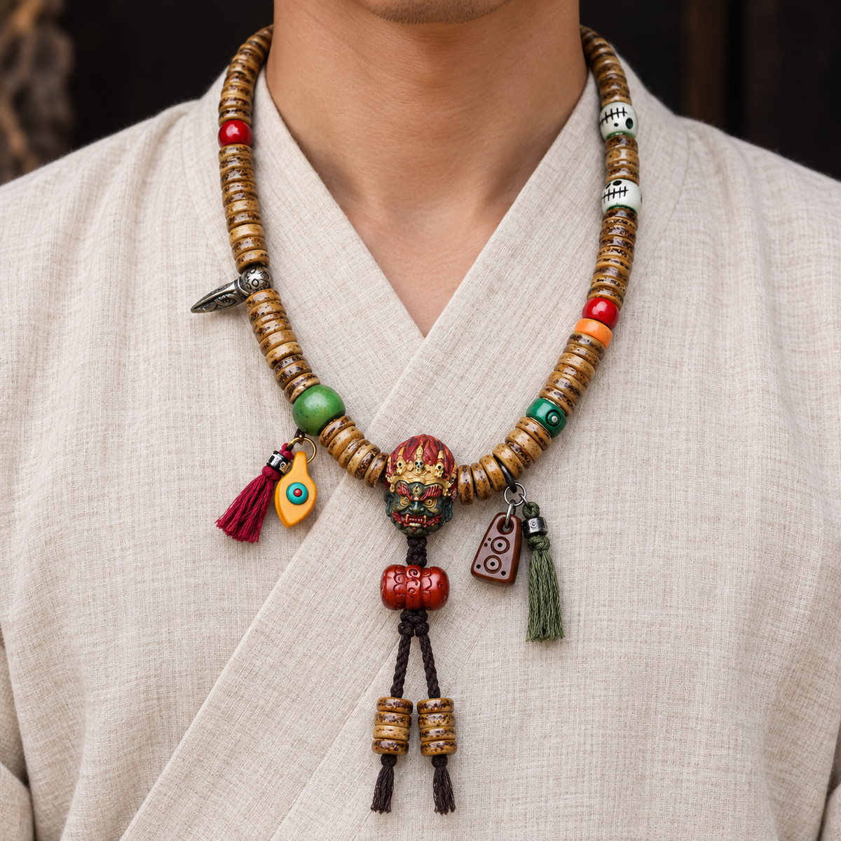 EverestArtstudios Camel Bone 108-Bead Mala with Carved Mahakala-Inspired Accent — linen front