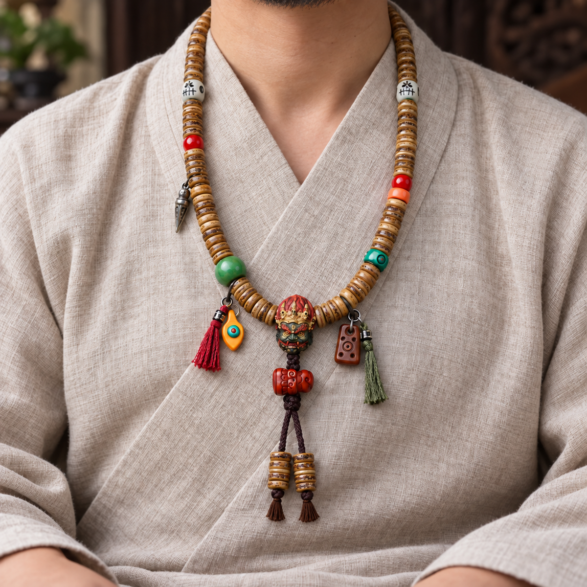 EverestArtstudios Camel Bone 108-Bead Mala with Carved Mahakala-Inspired Accent — linen seated