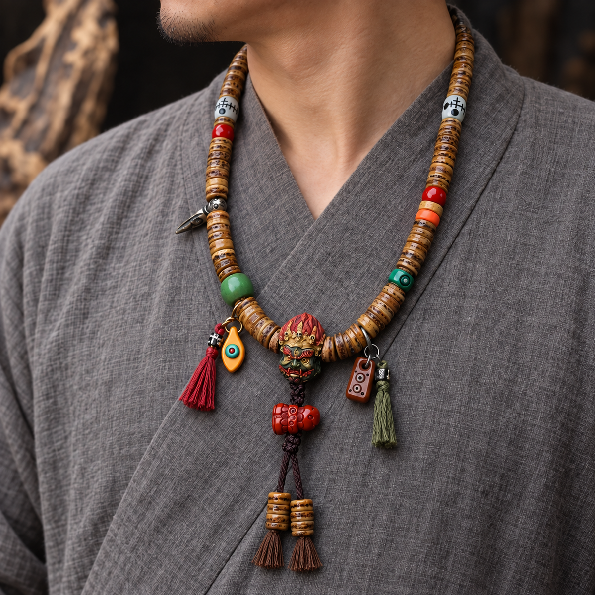 EverestArtstudios Camel Bone 108-Bead Mala with Carved Mahakala-Inspired Accent — linen side