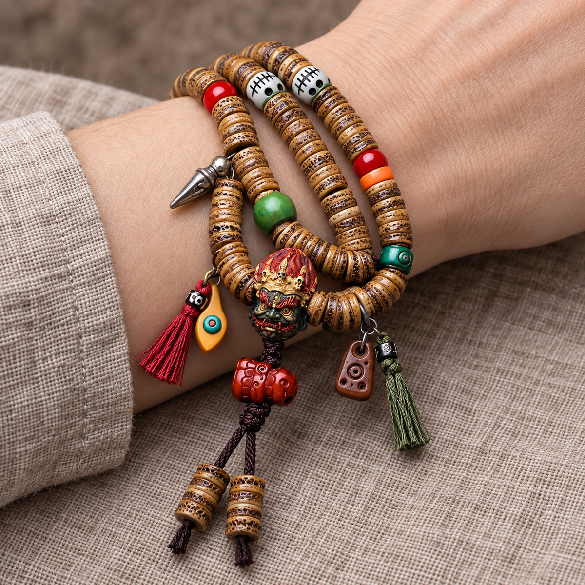 EverestArtstudios Camel Bone 108-Bead Mala with Carved Mahakala-Inspired Accent — wrist resting