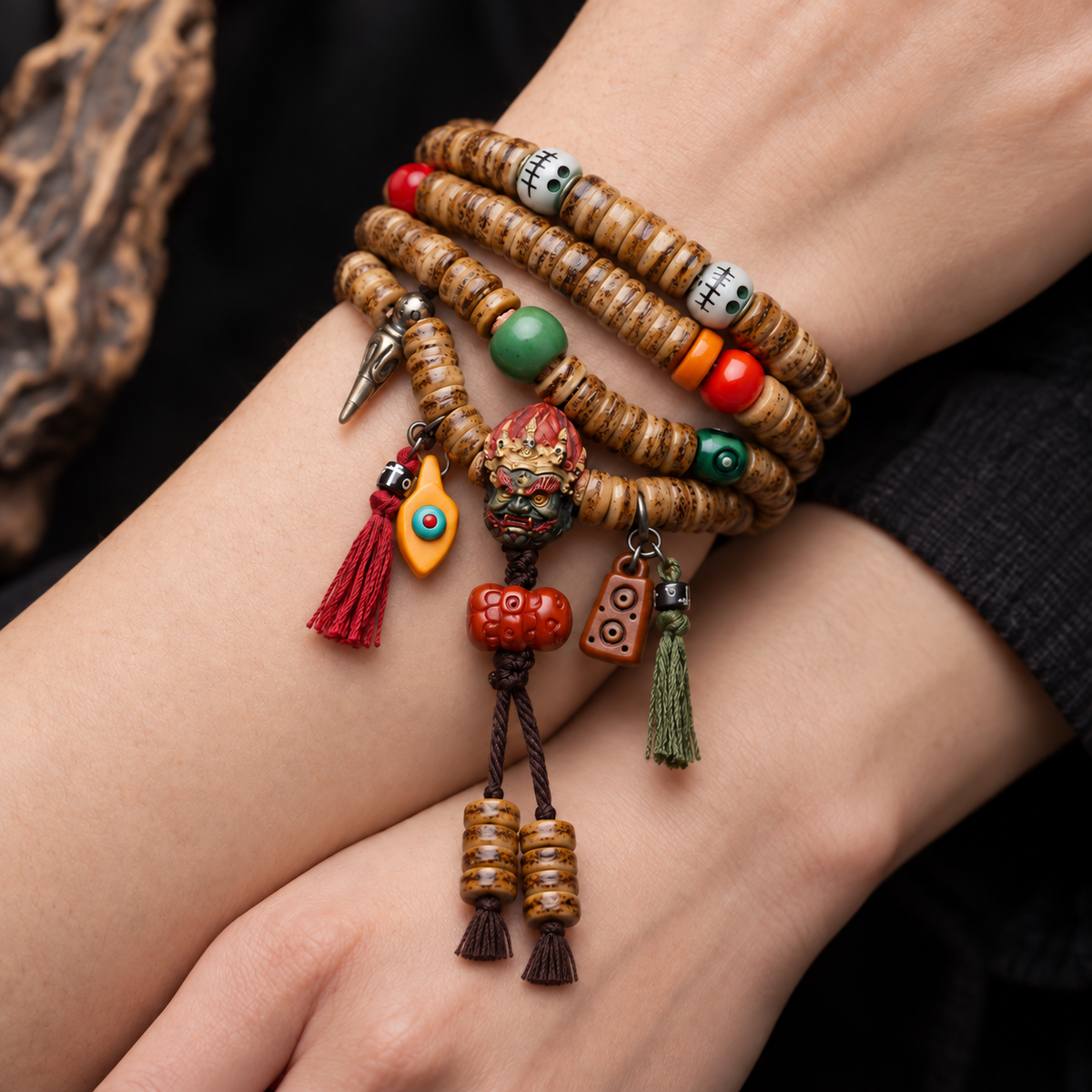 EverestArtstudios Camel Bone 108-Bead Mala with Carved Mahakala-Inspired Accent — wrist crossed
